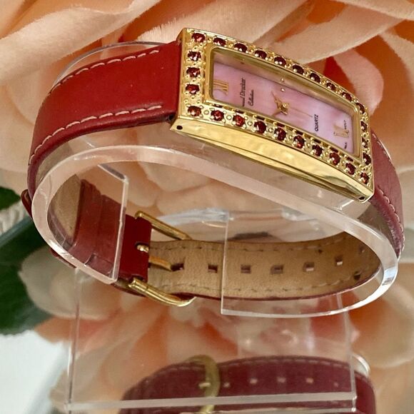 Marcel Drucker Red Gemstone Bezel Tank Style Watch with Pink MOP Dial - Picture 6 of 16